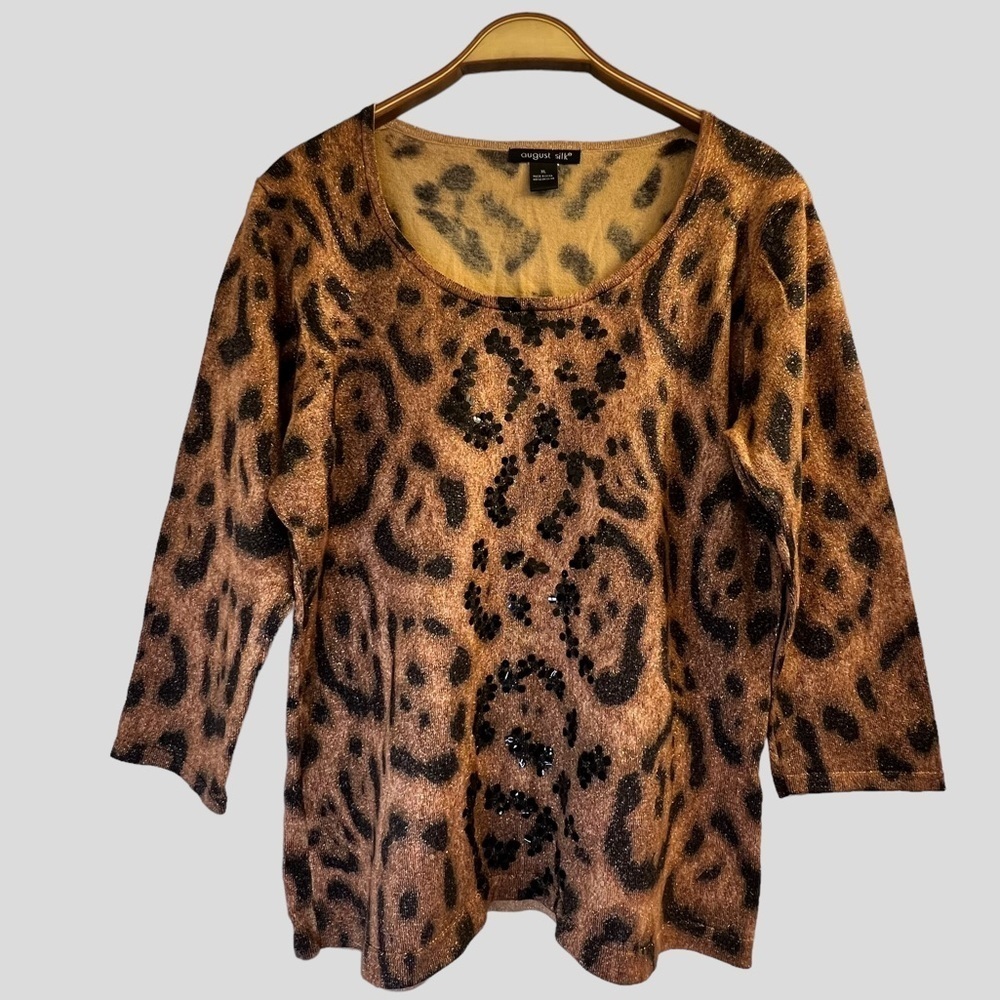 August Silk Women’s Sweater XL Sparkly Orange Black Animal Print